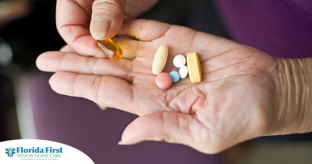 A woman holds pills in her hand, representing medication management.