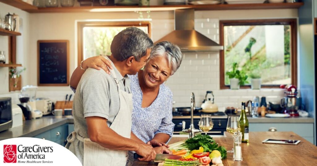An older couple prepares healthy food together representing National Nutrition Month.