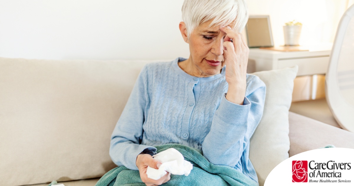 An older sick woman represents what family caregivers want to avoid, especially during flu season.