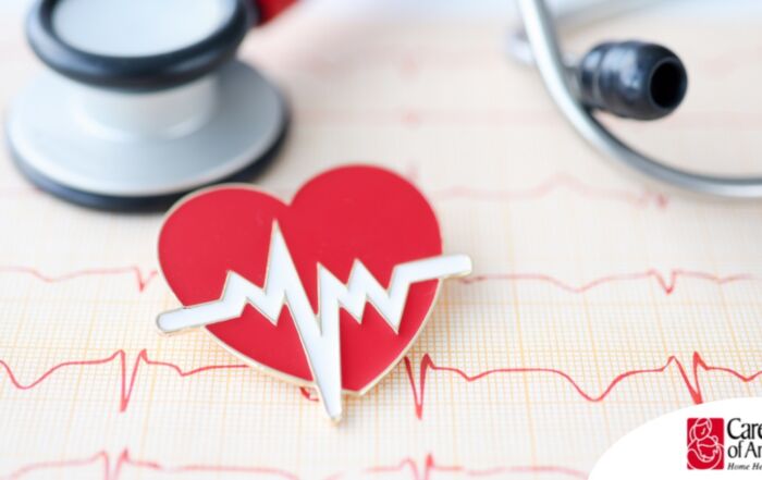 A heart symbol with an electrocardiogram line, an electrocardiogram sheet, and a stethoscope represents heart health.