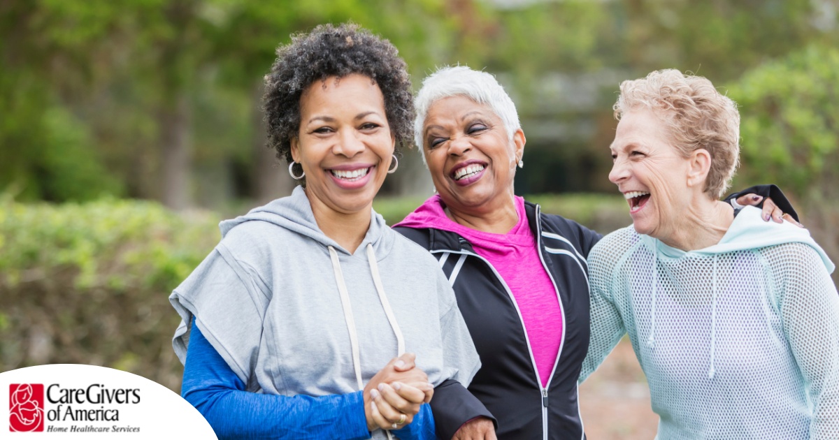 3 older women enjoy their time staying active together representing how a longer healthspan can help with staying active and engaged longer.