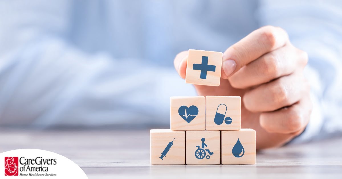 A stack of block with different health related icons represents health insurance which can help with home health care.