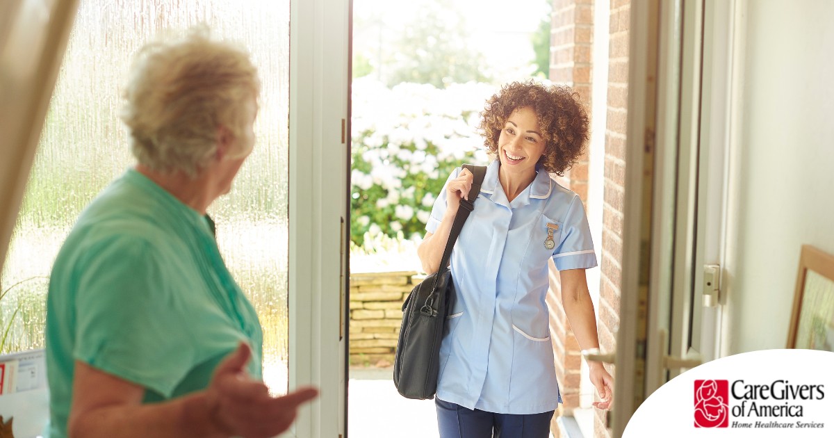 A caregiver comes in to see a client at home representing senior home care and the services offered.