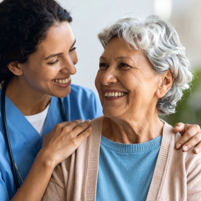 A caregiver in blue scrubs is smiling warmly at a senior woman, showing compassion, trust, and support through companionship care.