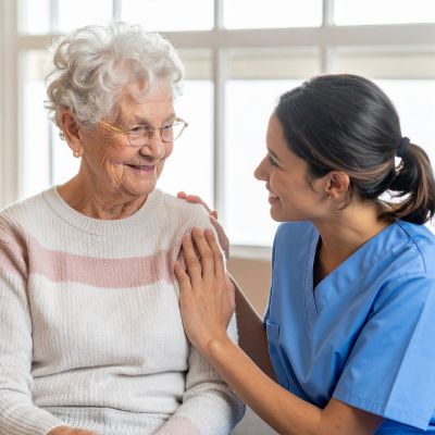 Companion Care in Palm City (1) A caregiver in blue scrubs smiles warmly at an elderly woman, gently resting a hand on her shoulder. They sit together in a bright room, sharing a supportive and comforting moment.