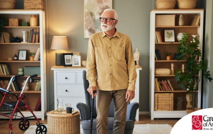 Exploring fall prevention for seniors — an elderly man stands in a safely arranged room.